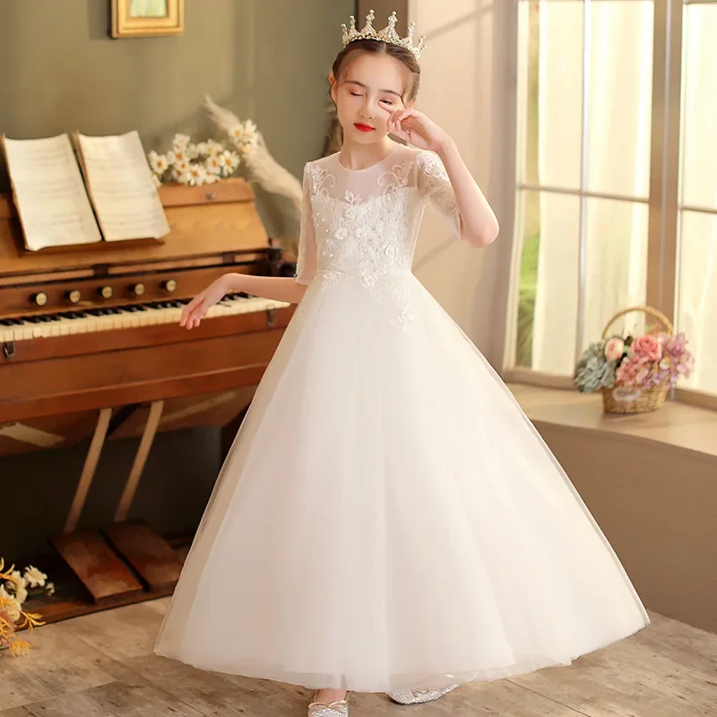 Vestido de casamento branco fofo para menina, encaixe fino, longo, manga média, doce, flor de passarela, banquete, aniversário, nova chegada