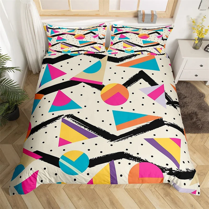 Psychedelic 3D Geometric Duvet Cover Microfiber Colorful Pop Abstract Art Comforter Cover Retro 80s Style Bedding Set Queen Size