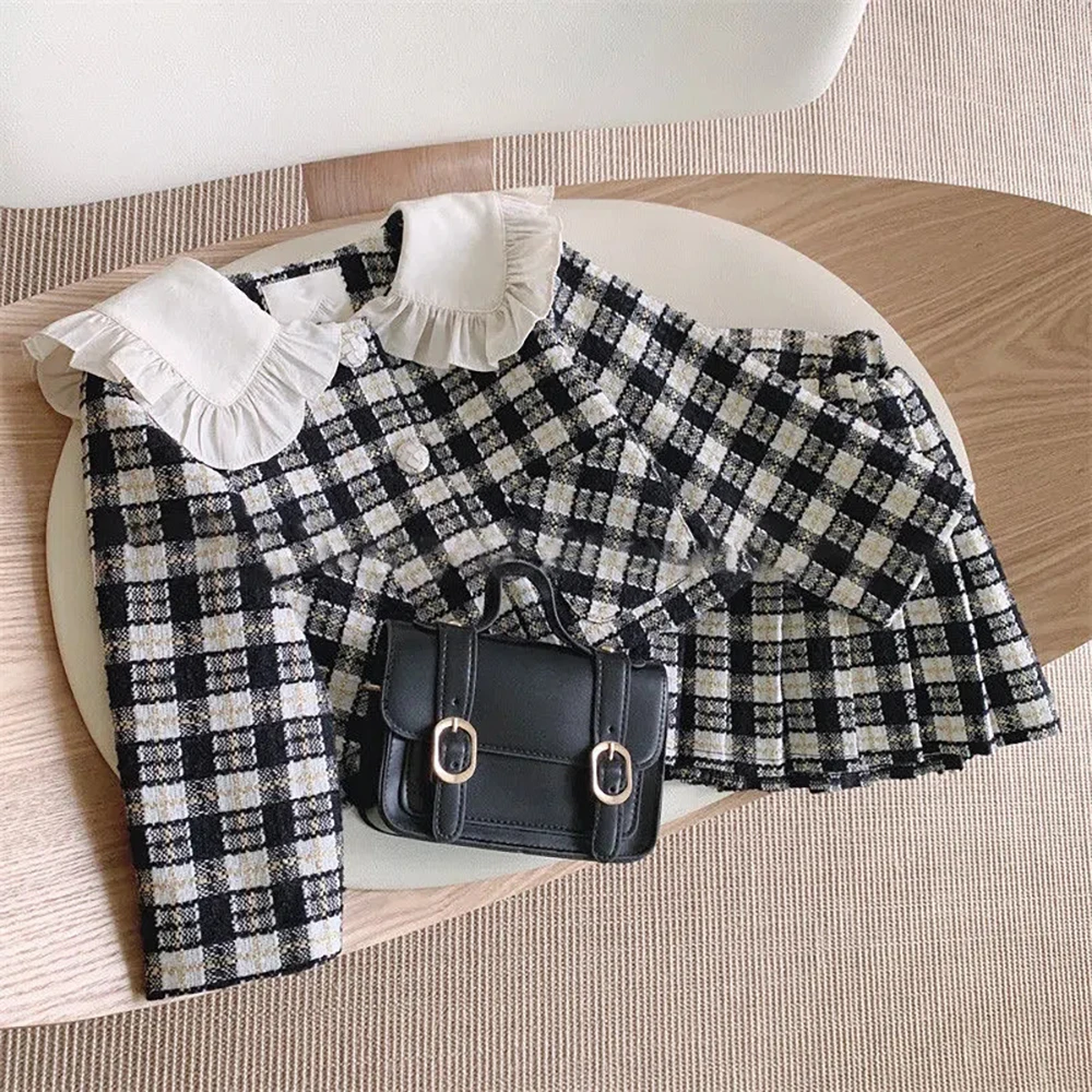 Children's Clothing Sets 2023 Spring Autumn Girls Doll Neck Fashionable Thousand Bird Checker Woolen Coat Pleated Skirt 2Pcs Set