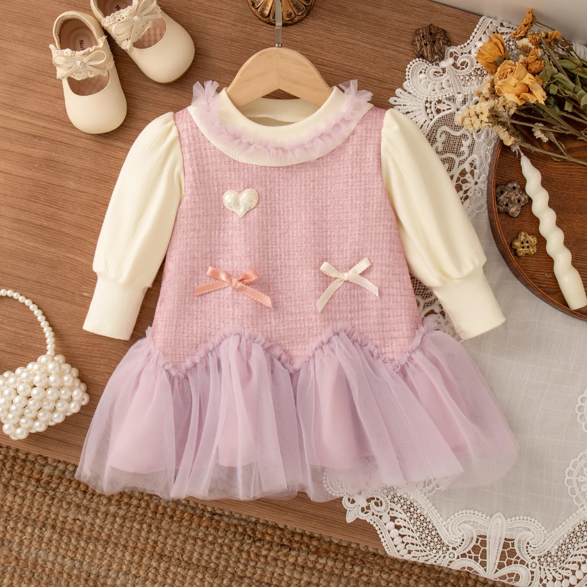 Autumn Fashion Long Sleeved Baby Girl Dress Korean Style Sweet Lovely Bows Crew Neck Toddler Princess Fairy Dress