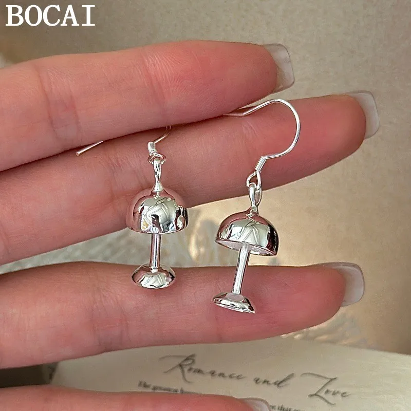 

BOCAI NEW S925 Silver Simple And Fashionable Retro Texture Small Table Lamp Earrings Women's Gift