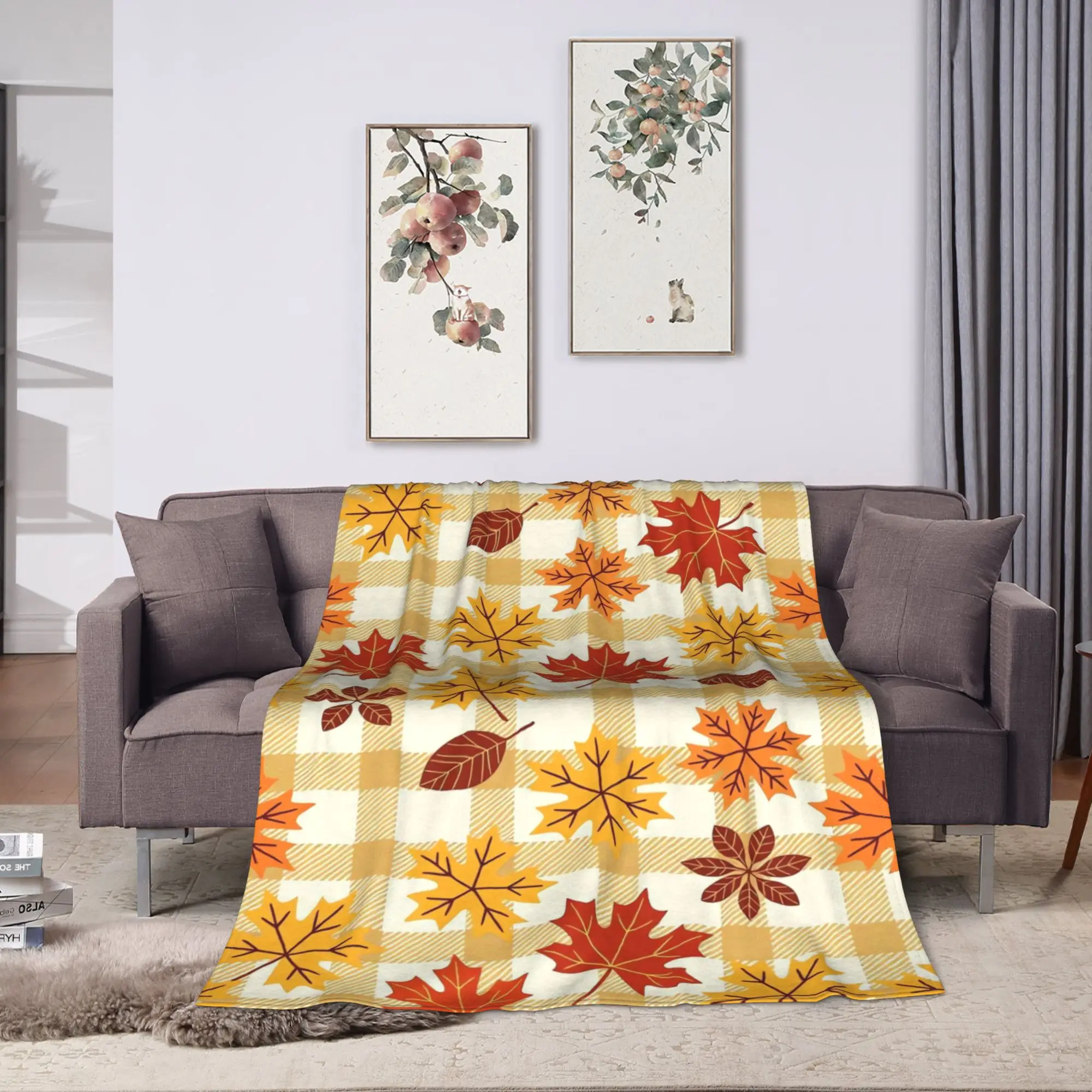 Warm Soft Blanket Travel Autumn Maple Leaf Print Throw Blanket  Flannel Bedspread For Outdoor Fashion Sofa Bed Cover