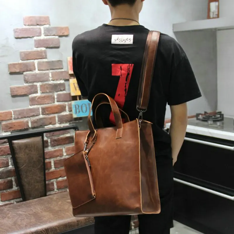 Men\'s Bag Crazy Horse Leather Handbag Men\'s British Retro Business Casual Fashion Postman Shoulder Diagonal Computer Bag Tide