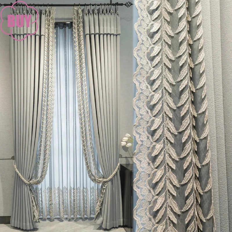 

Custom Embossed Leaf Embroidery Yarn Splicing Gray Chenille Thickened Curtains for Living Room Bedroom Balcony French Window