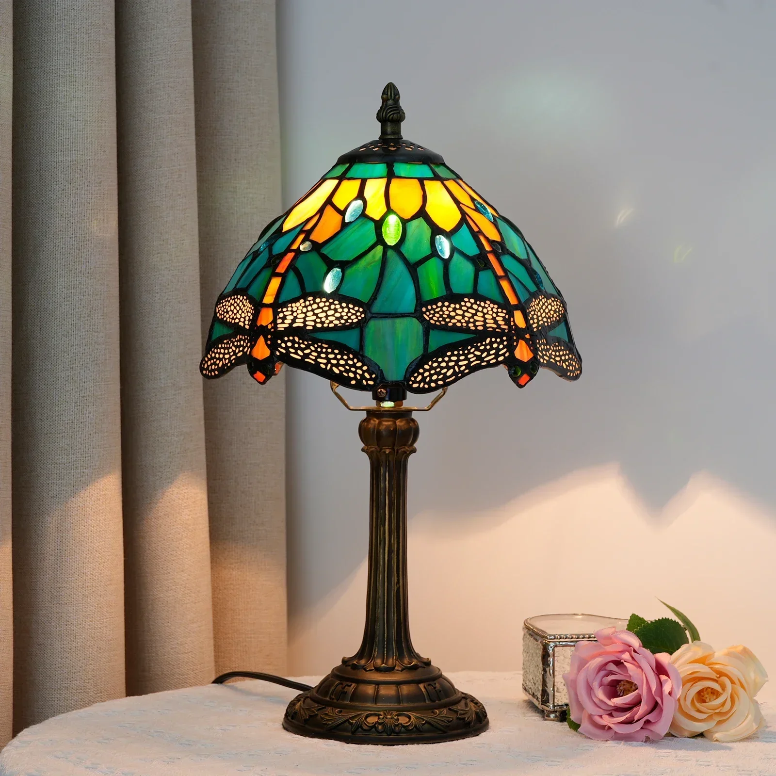 Table Lamp 8 Inches Stained Glass Bedside Lamp Red Rose Desk Reading Light Bedroom Living Room Home Office