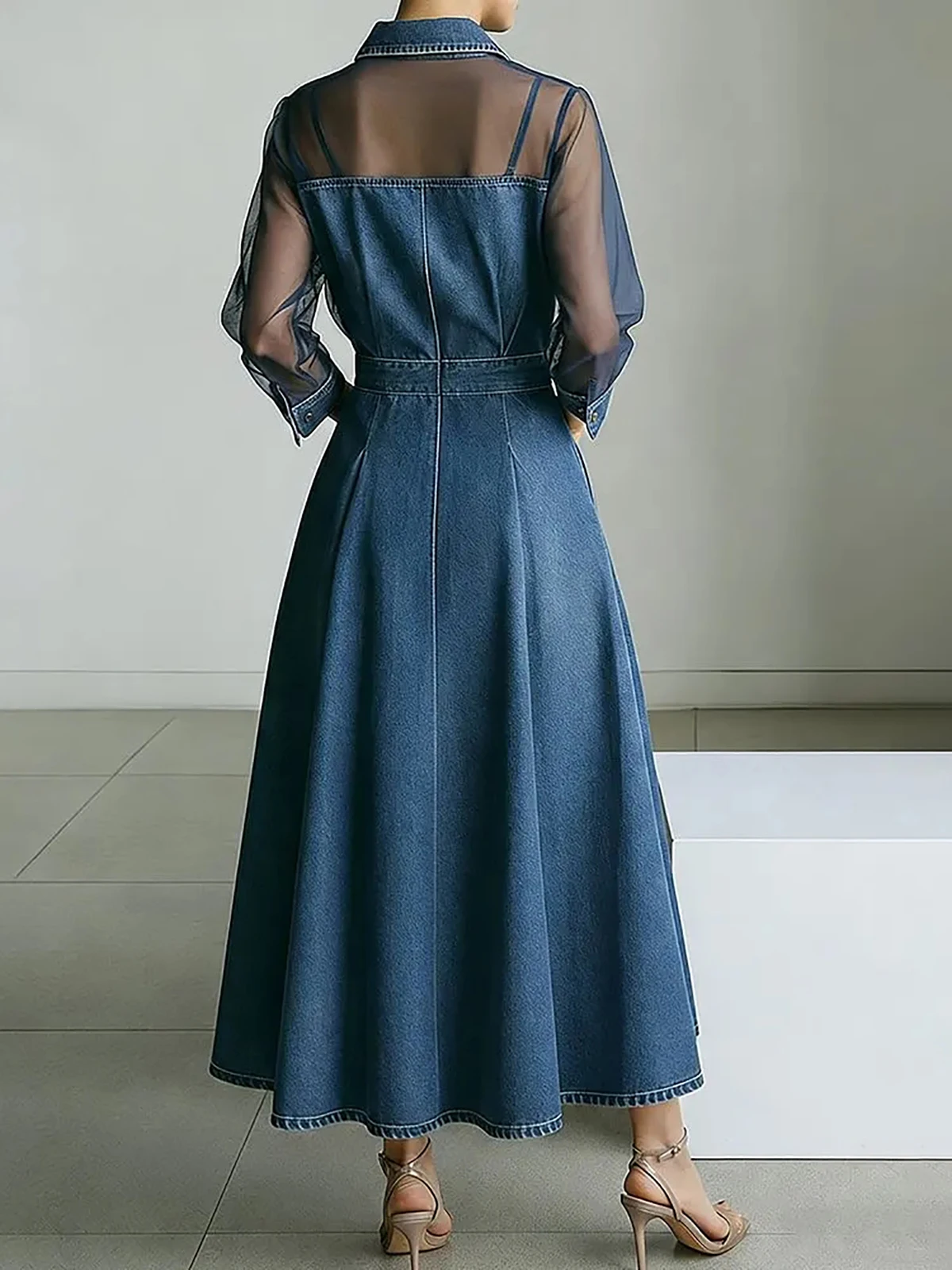 Women's Denim Mesh Patchwork Midi Dress Lapel Collar Button Sheer Long Sleeve Pocket Chic Female Elegant Streetwear Long Dresses 5 S9f257856f8a844489c360aa24daa19e0T