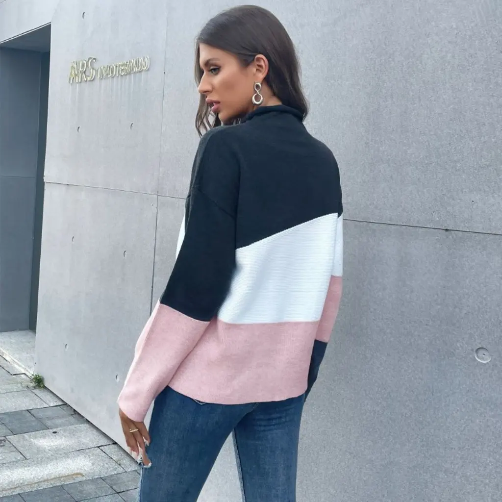 

Women's Knitted Long-Sleeved Sweater Color-Blocked Half Turtleneck Bottoming Top for Autumn Winter European American Style