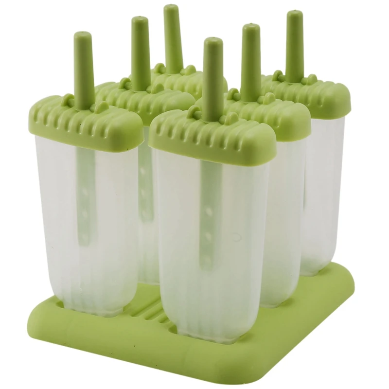 6 Pack No BPA Reusable Ice Cream DIY Molds Holders With Tray And Sticks Popsicles Maker Fun For Kids-Green