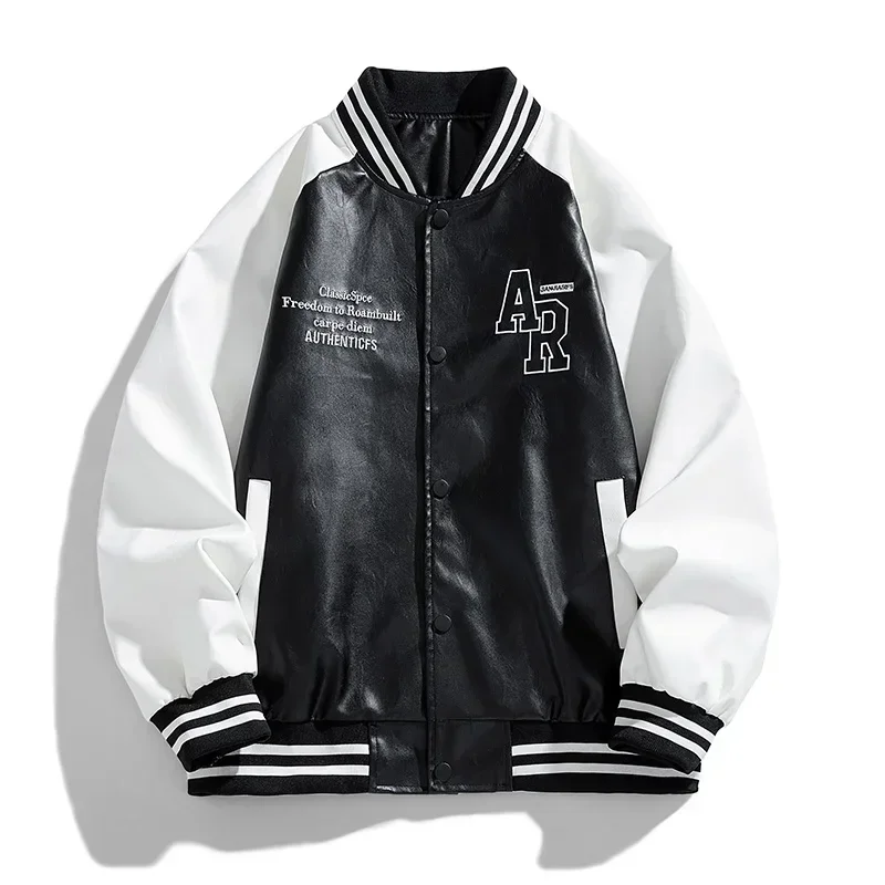 แจ็คเก็ตหนังผู้ชาย สีดำขาว ตัดต่อ สไตล์ลำลอง สวมใส่สบาย ทรงเข้ารูป หล่อ เท่ ทันสมัย เหมาะสำหรับฤดูใบไม้ร่วงและฤดูหนาว แจ็คเก็ตเบสบอลหนัง
