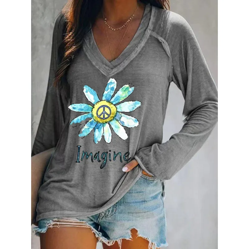 Ilstile Women's Hippie Imagine Sunflower Print T-Shirts Autumn Summer Long Sleeve Casual Loose V Neck Tops Tees Hot Sale