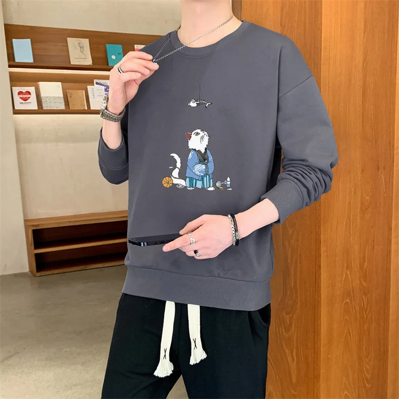 

Cartoon Cat Printed O Neck T-Shirt Pant Suit Sweatshirt Warm Sweater Men Clothing Underlay Shirt 2pcs Set Autumn Tops Sweatpants