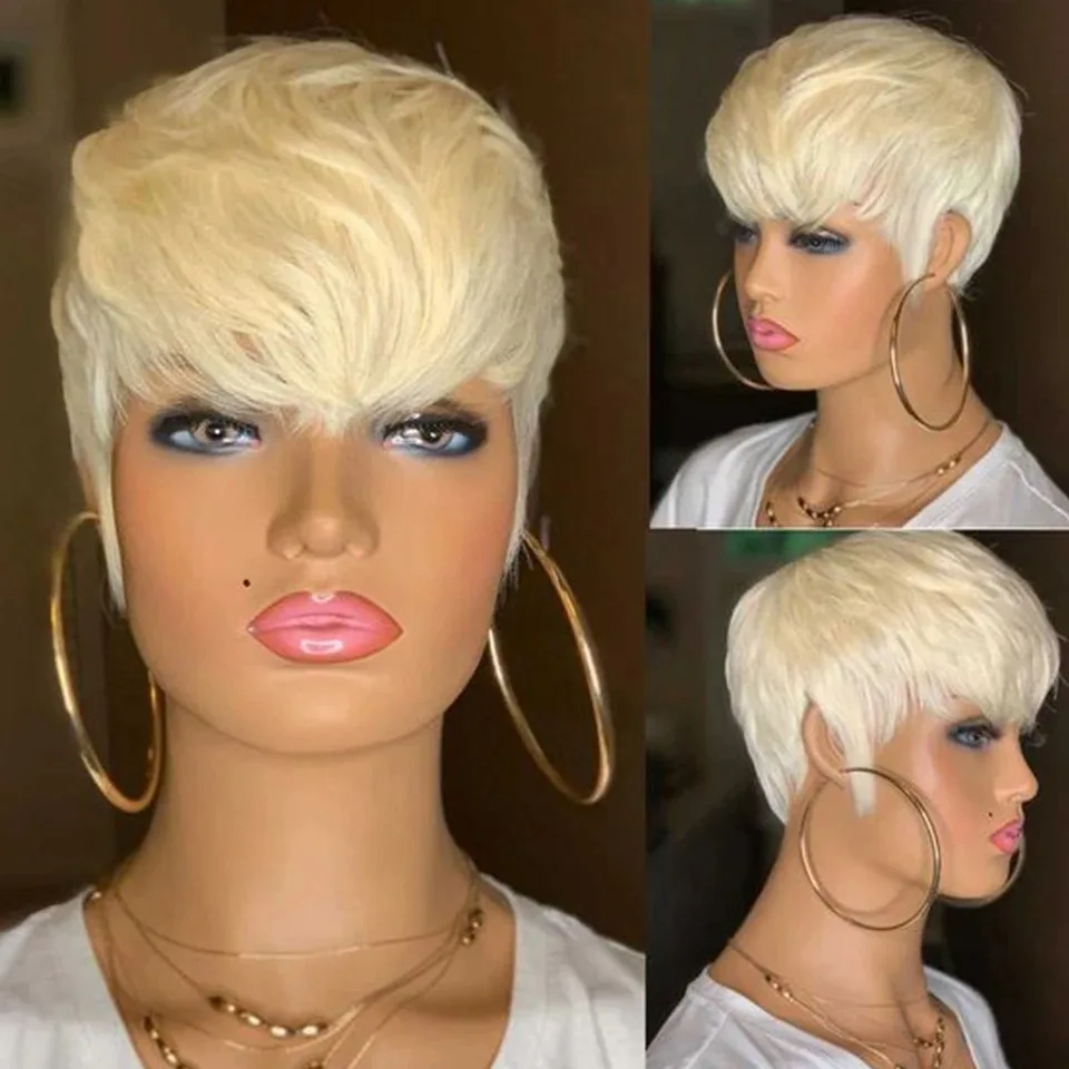 Wear to go 613 Blonde Short Pixie Cut Straight Bob Human Hair Wigs For Women Brazilian Remy Hair Ombre 99j Colored Wigs