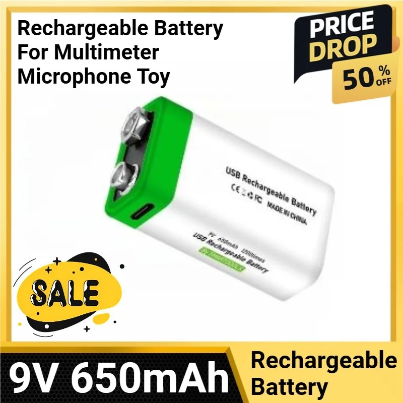 

9V 650mAh USB Rechargeable Battery for Multimeter Microphone Toy Lithium-Ion Type-C Charging 1.5h Rapid Recharge