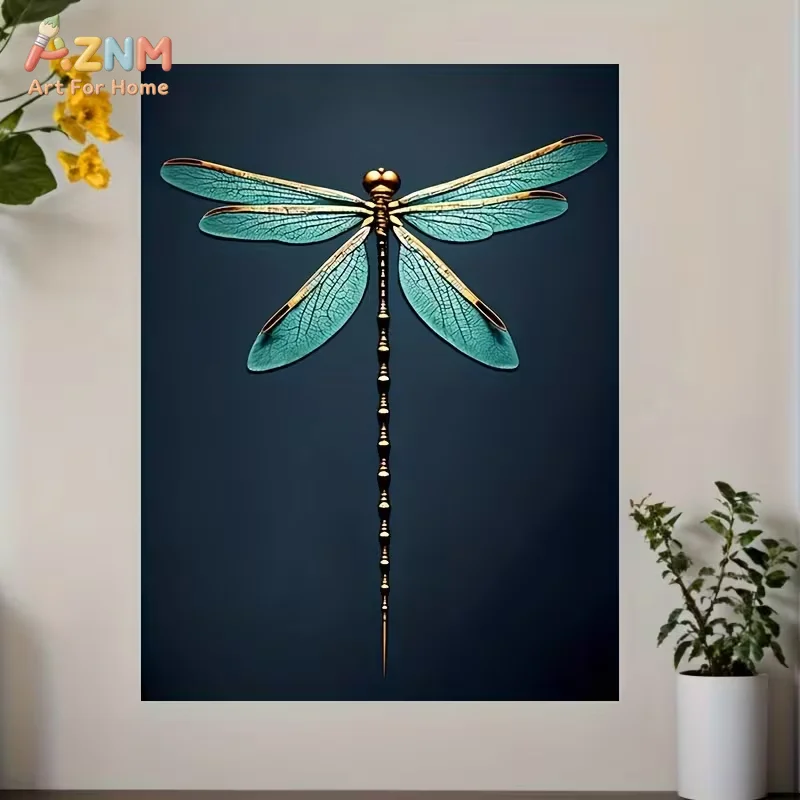 AZNM Retro Turquoise Golden Dragonfly Canvas Wall Art Vintage Insect Texture Print Dark Background Decor Modern Home Unframed Ca
