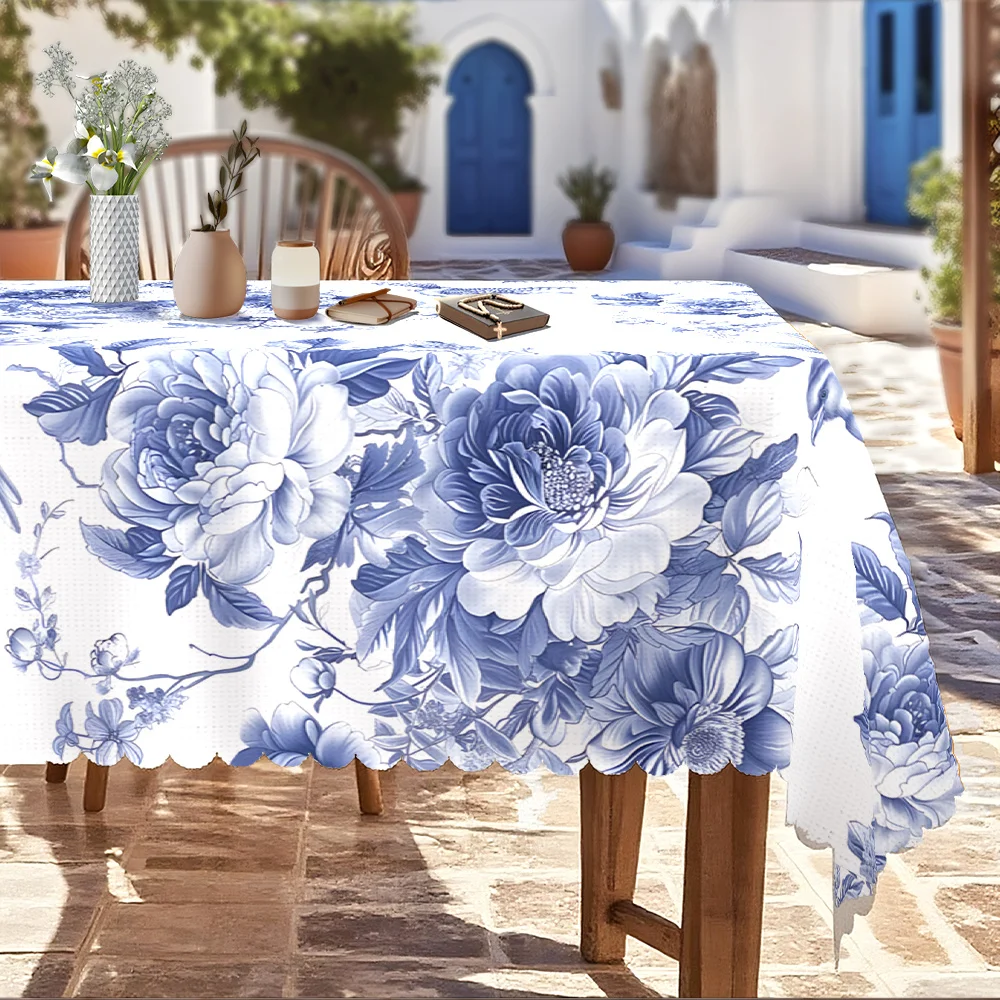 Spring tablecloth, white and blue decorations, vases and flowers, traditional style