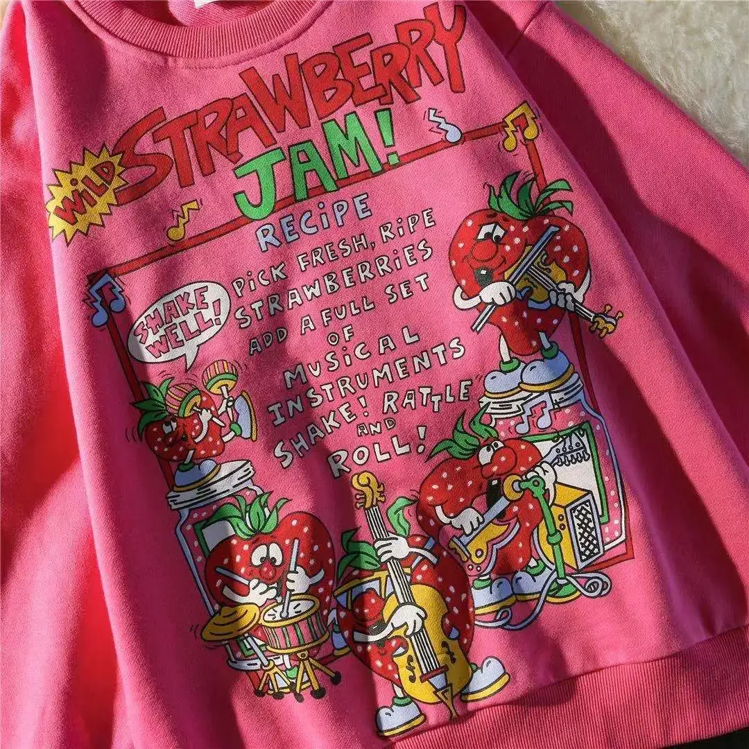 Kawaii Rose Red Cartoon Letter bluza z nadrukiem Vintage Streetwear stylowe topy 2021 nowy O-neck Casual nastolatki ubrania Goth Punk