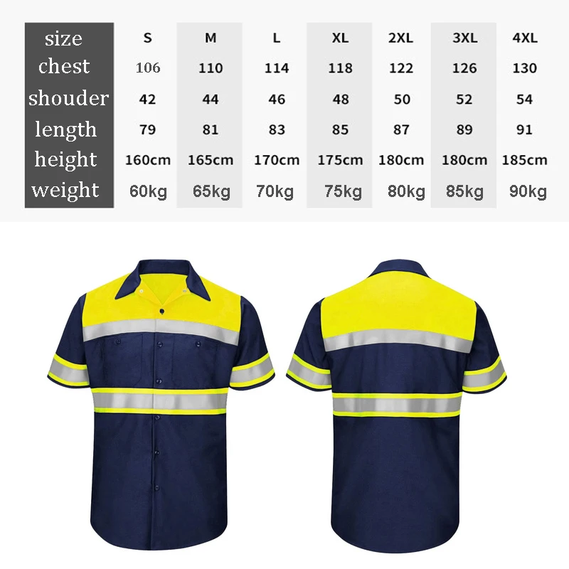 100% Cotton Shirt Short Sleeve Button Up Men with Reflective Stripes Construction Shirt Workwear Two Tone