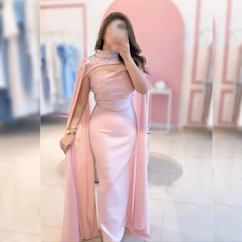 

Customized Jersey Rhinestone High Collar Shawl Straight Long Dresses Bespoke Occasion Woman Elegant Party Wedding Formal