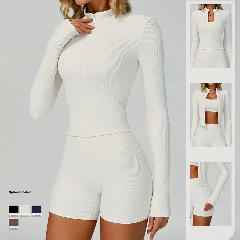 

Ribbed Stand Collar Slim Fit Slimming Yoga Jacket for Outdoor Windproof Running Sports and Fitness