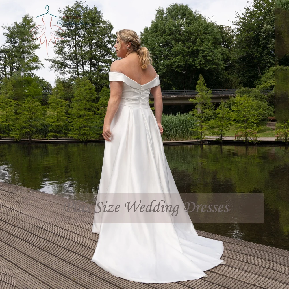 Vestido De novia De satén con cuello en V y hombros descubiertos, traje De novia De talla grande con abertura frontal, cola De barrido, alta calidad