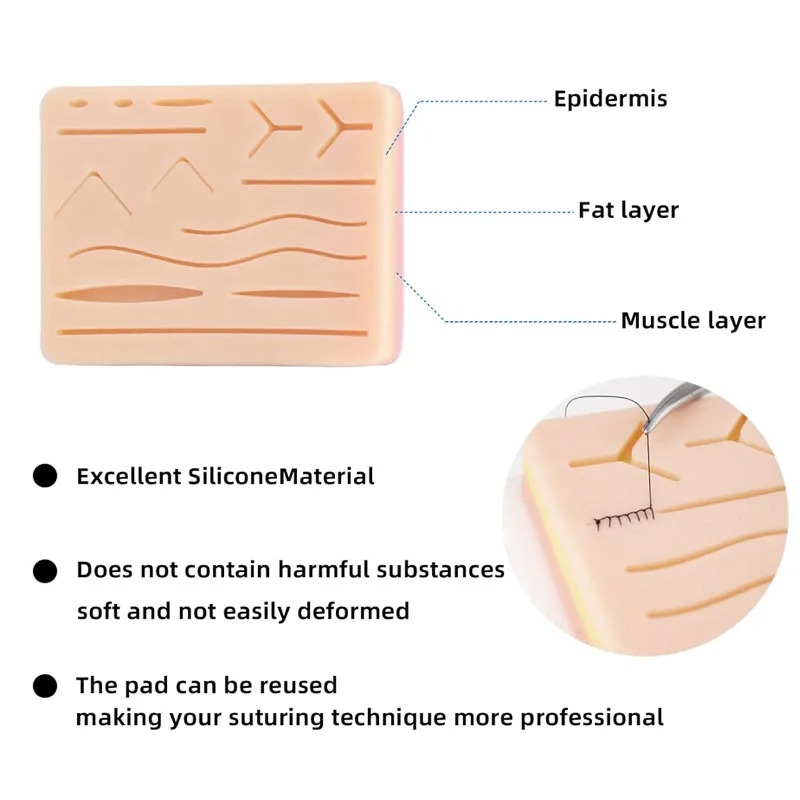 Suture Practice Pad Traumatic Skin Suture Model with Wound Silicone Reusable Surgical Suture Knotting Silicone Teaching Model