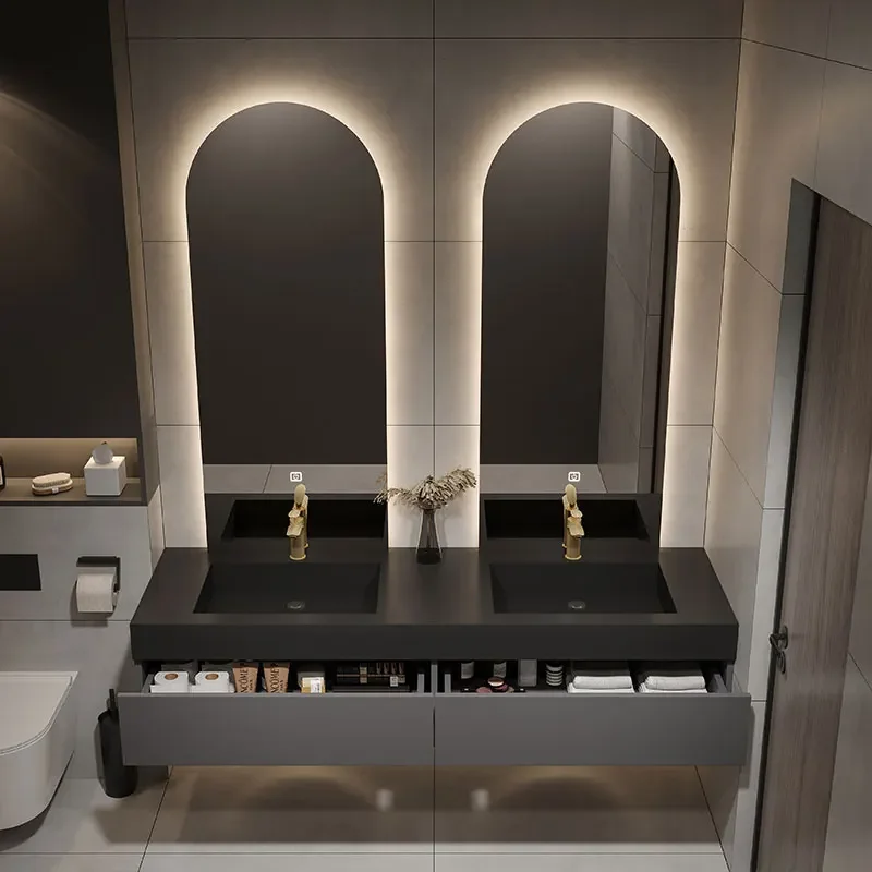 #Designer Customized High-end Villa Light Luxury Rock Slab Integrated Basin Bathroom Cabinet Combination Double Mirror Wash