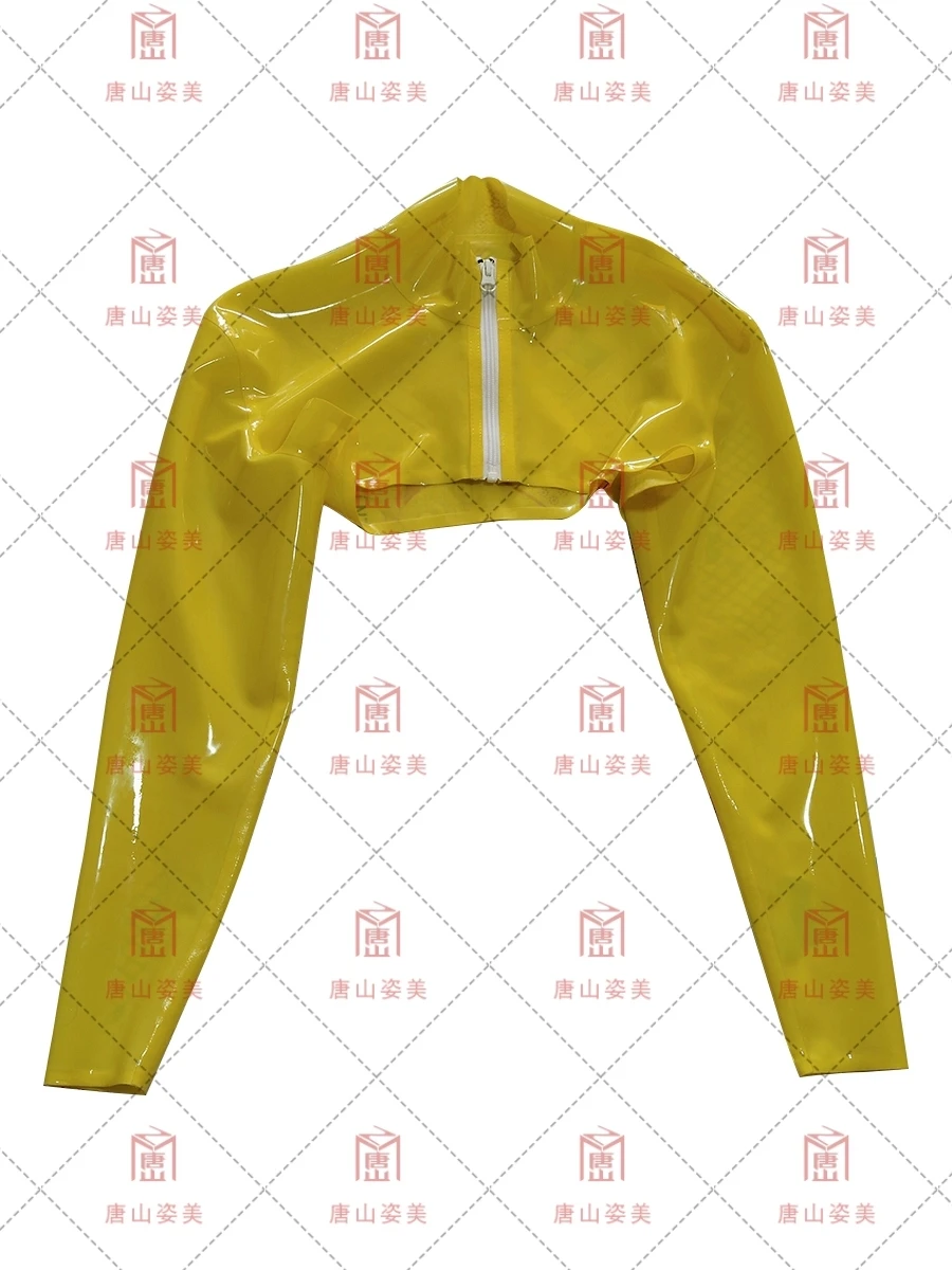 

Latex outer garment custom long sleeved exposed chest top high neck custom