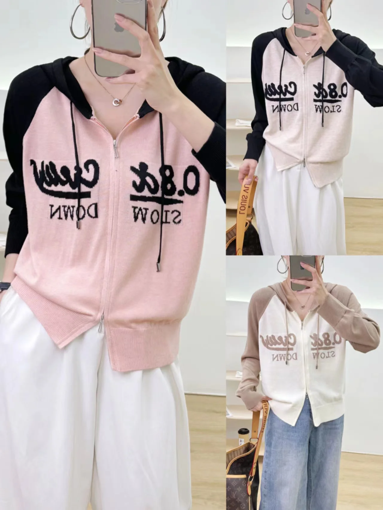 

24 year embroidery new women's hooded cashmere cardigan autumn and winter long sleeved fashionable hooded knitted top