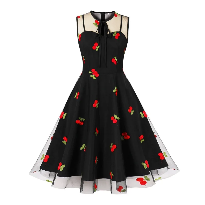 2024 New Hepburn Women Vintage O Neck Mesh Bow Embroidery Swing A Line Dress 50s 60s Cocktail Party Retro Sukienki średniej długości