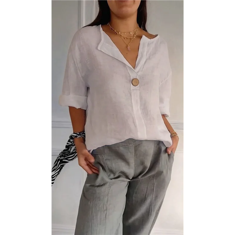 

NEW-Women's Linen Shirt Button Down V Neck Solid Blouse 3/4 Sleeves Casual Loose Fit Tunic Tops Summer T Shirts