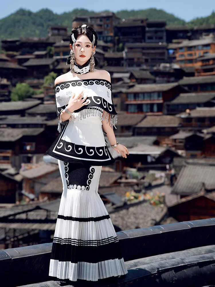 

One-shoulder set of cotton and linen heavy Industry Village characteristic ethnic style photography clothing
