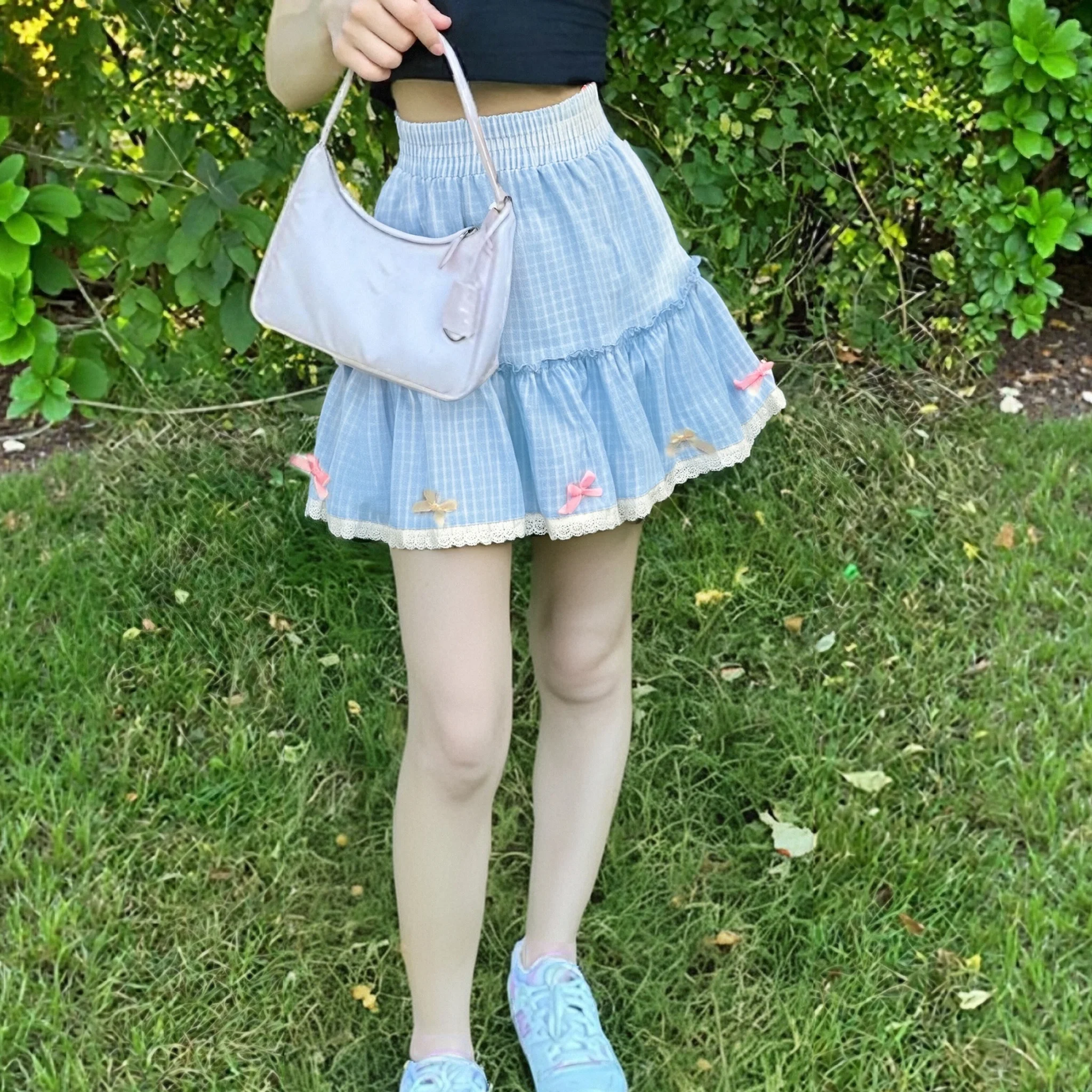 

Японская синяя женская мини-юбка Kawaii Lolita в стиле Харадзюку с клетчатым принтом Y2k, короткие юбки с эстетическим бантом, Cutecore, плиссированные сказочные юбки