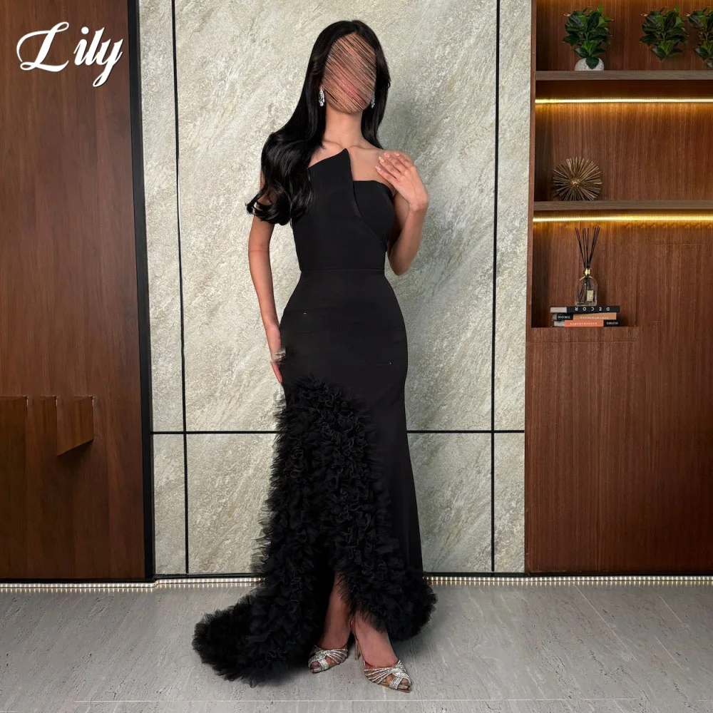 Lily – robe de soirée trompette en Satin noir, Sexy, sans manches, plis froncés, avec robe de soirée fendue, personnalisée