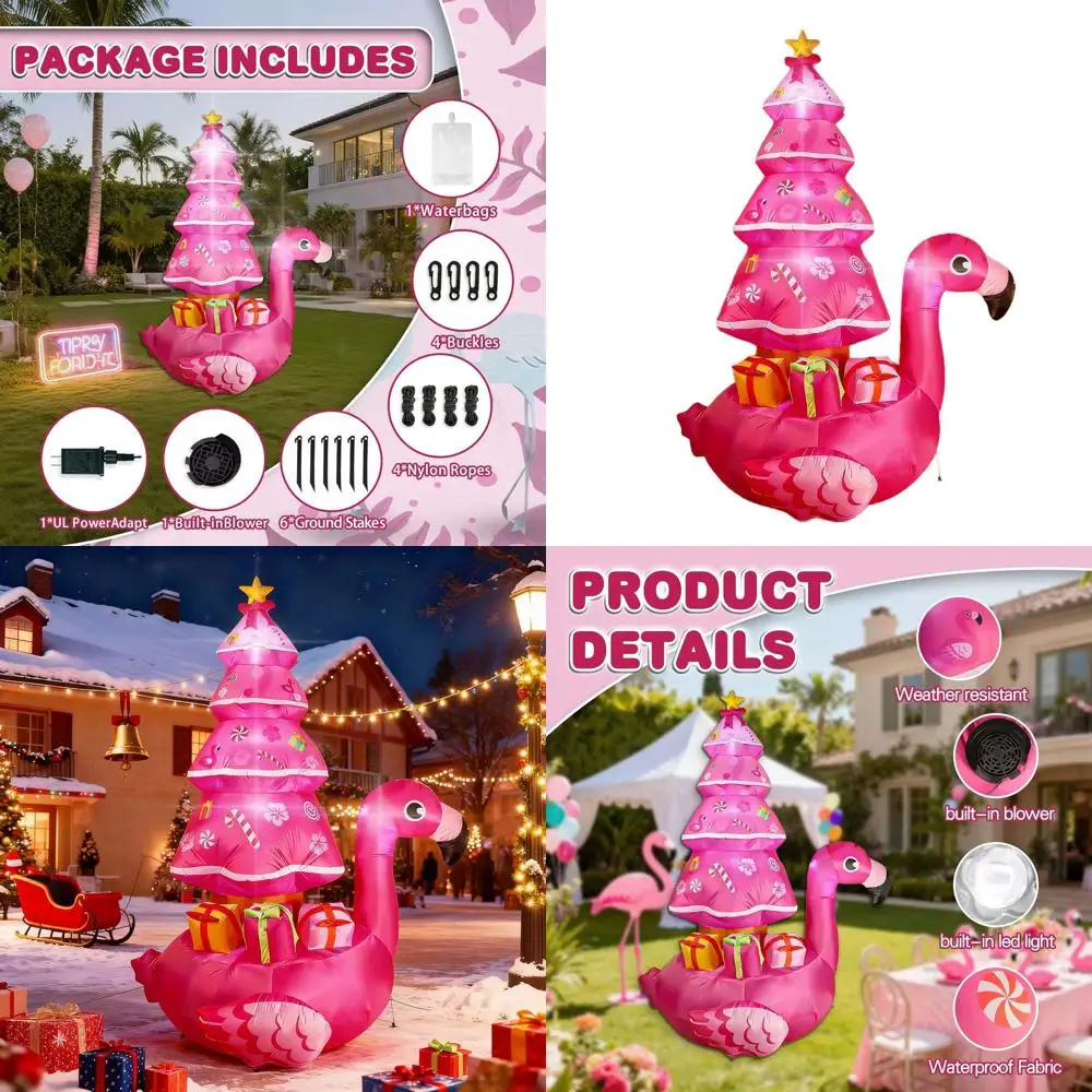 

7-футовая надувная рождественская елка с розовым фламинго и светодиодной подсветкой, уличный праздничный декор для лужайки на Рождество, День Благодарения и Новый год