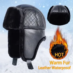 Men's Winter Hat With Earflaps Ushanka 2025 Warm Luxury Russian Fur Bomber Hats Plaid Faux Leather Winter Aviator Cap Man Black