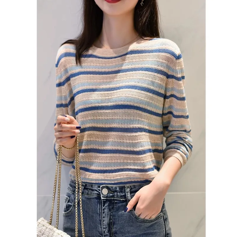 Fashion thin hollow color striped cashmere sweater women\'s spring and autumn loose thin wool base shirt