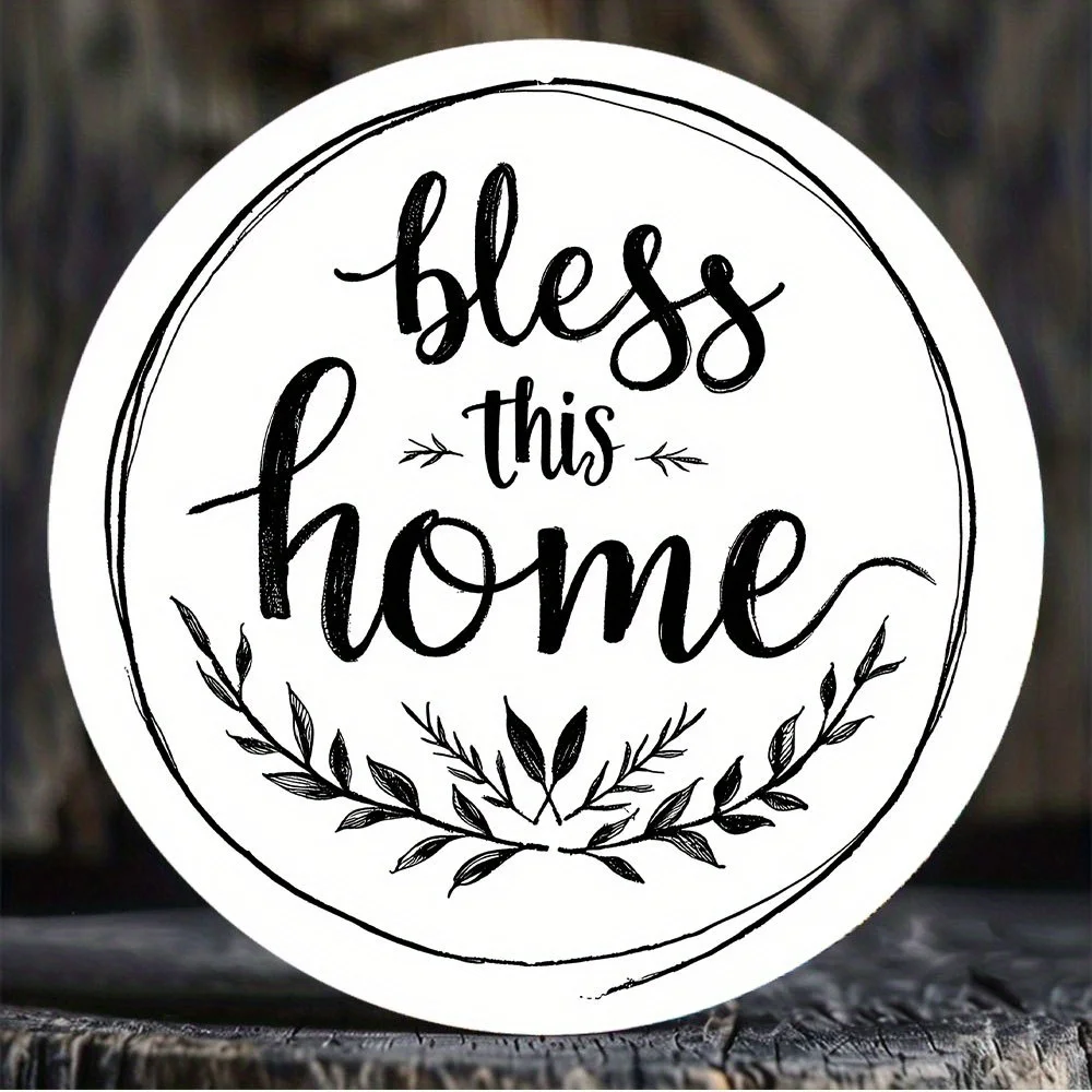 2D Flat - 1pc Bless This Home Metal Sign  Round Iron Wall Art with Floral Wreath Design, Rustic Black & White Decor for Kitchen