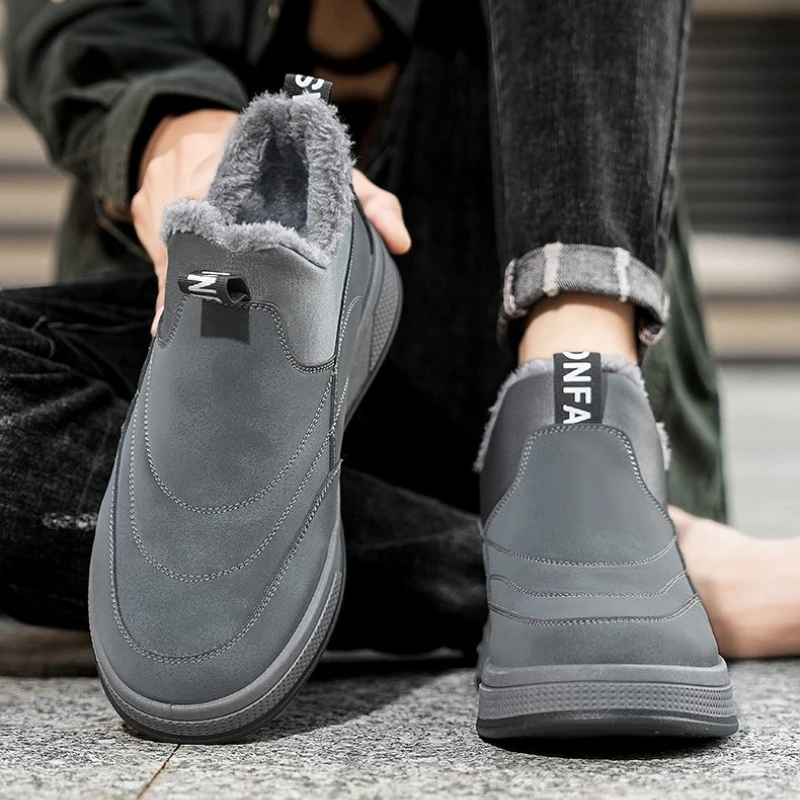 

New Men's Flat Mid-top Wear Solid Color Fleece and Fleece Warm Outdoor Fleece Anti-slip Large Size Thickened Snow Boots