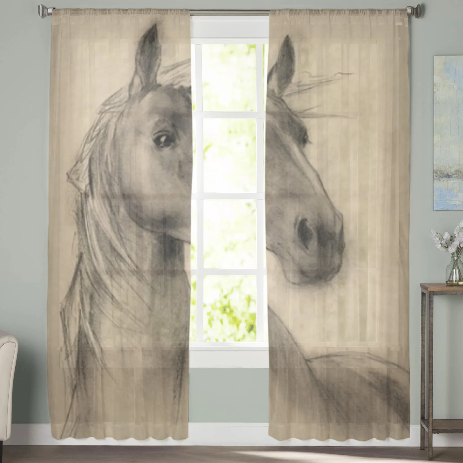 Freehand Horse Head Pencil Drawing Sheer Curtains for Living Room Transparent Tulle Window Curtain Bedroom Kitchen Veil Drapes