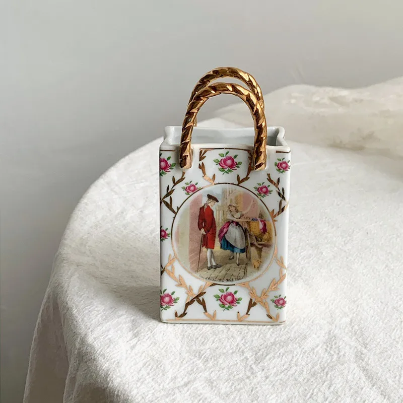 American Retro Palace Style Flower Handbag Modeling Gold Painting Desktop Fork Spoon Storage Small Flower Basket Vase