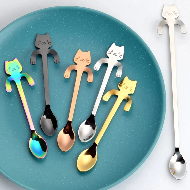 4-Pcs Stainless Steel Coffee Spoon Cute Cat Shaped Stirring Spoon Teaspoon Ice Cream Dessert Spoon Mini Hanging Cup Cat Spoon