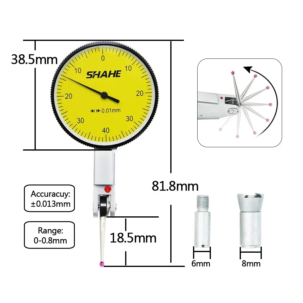 SHAHE 0-0.2mm Indicatore quadrante a leva con sonde di misurazione Rubino Indicatori di test quadrante Strumenti di misurazione