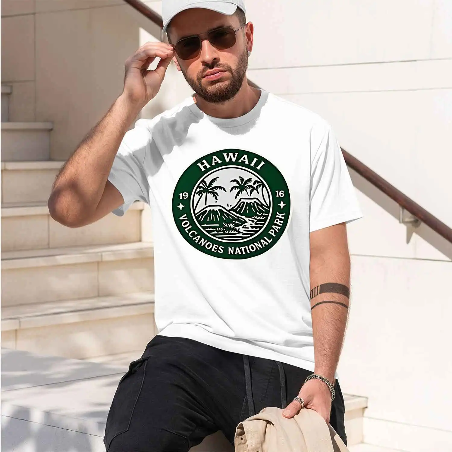 Hawaii Volcanoes National Park with Green Logo Perfect 2026 New Model Men’s Short-sleeve crewneck T-Shirt Classic Casual Multipl