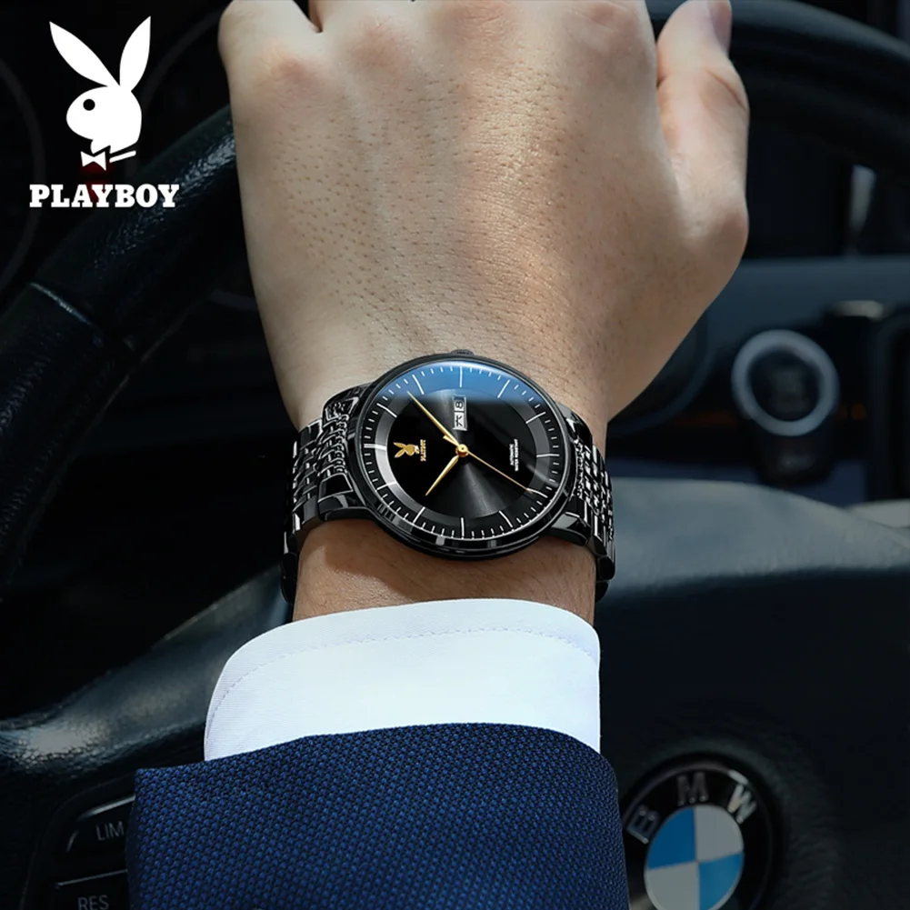 PLAYBOY Top Brand Luxury Mechanical Watch for Men Fashion Grey Dial Stainless Steel Waterproof Date Week Automatic Male Watches