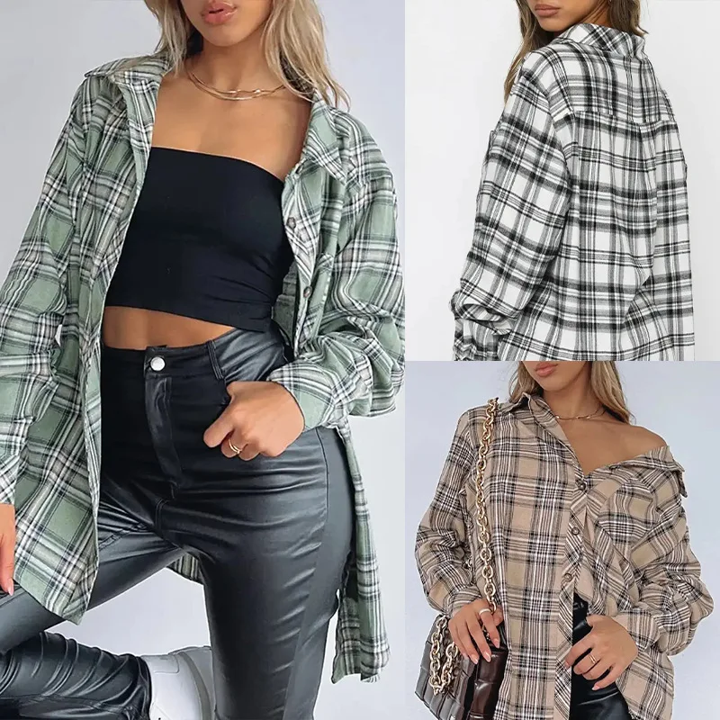 

Shirt Tops Women Blouses Plaid Casual Loose Work Turn Down Collar Loose Top Shirts Single Breasted Y2k Streetwear Spring Work
