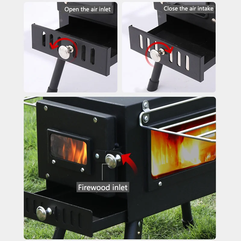 Camping Hot Tent Stove With Chimney Portable Wood Stove Folding Firewood Furnace Multi Function Picnic Cooking Stove