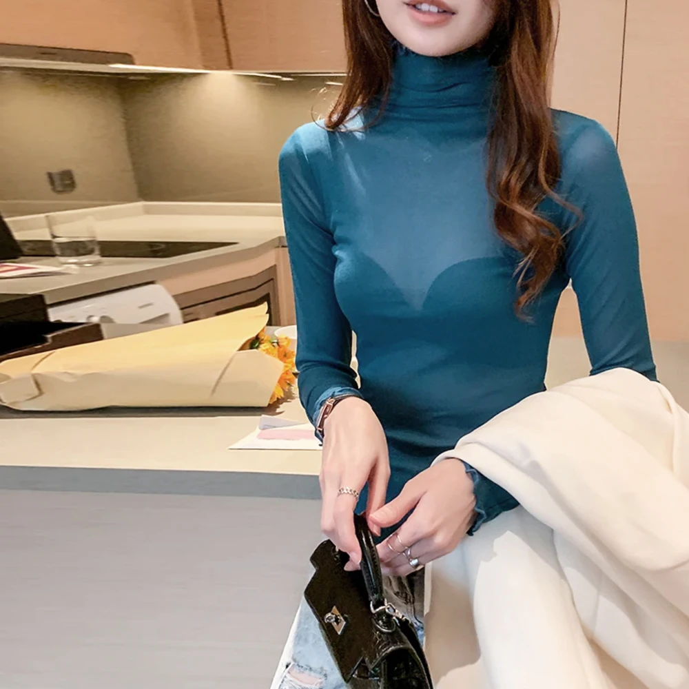 

Sexy Elastic Sheer Mesh T Shirt Women High Neck Long Sleeve See Through Shirt Girl Bar Party Malachite Black Pink White Blue Top