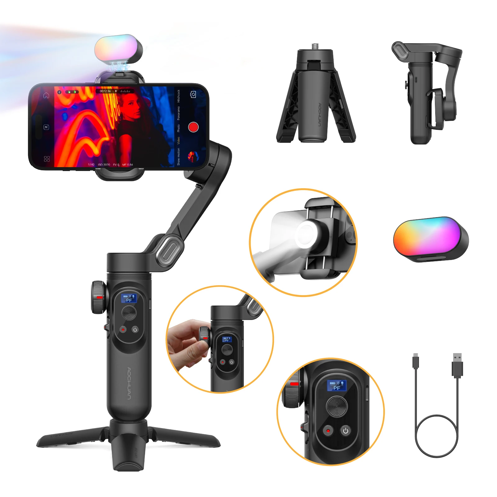 

AOCHUAN Smart X Pro Kit 3-Axis Smart Gimbal Stabilizer Set with RGB Magnetic Light OLED Display LED Light Focus Wheel (Black)