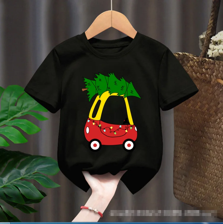 Summer Christmas Kids T-shirt Funny Excavator Christmas truck print kids T-shirt short sleeve top
