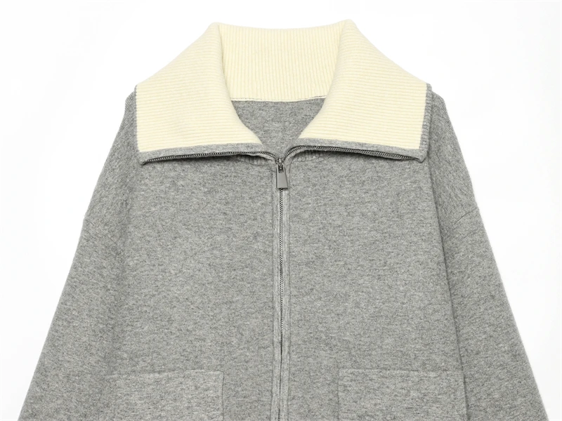 Guobioziy Women Drop Shoulder Knitted Jacket Zip Front Contrast Turn Down Collar Pockets Loose Fit Korean Streetwear Casual